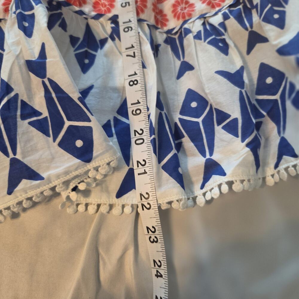 Farm Rio Dress Womens M White Blue Fish Coral Tiered Sundress Tie Strap Beach - Picture 14 of 15